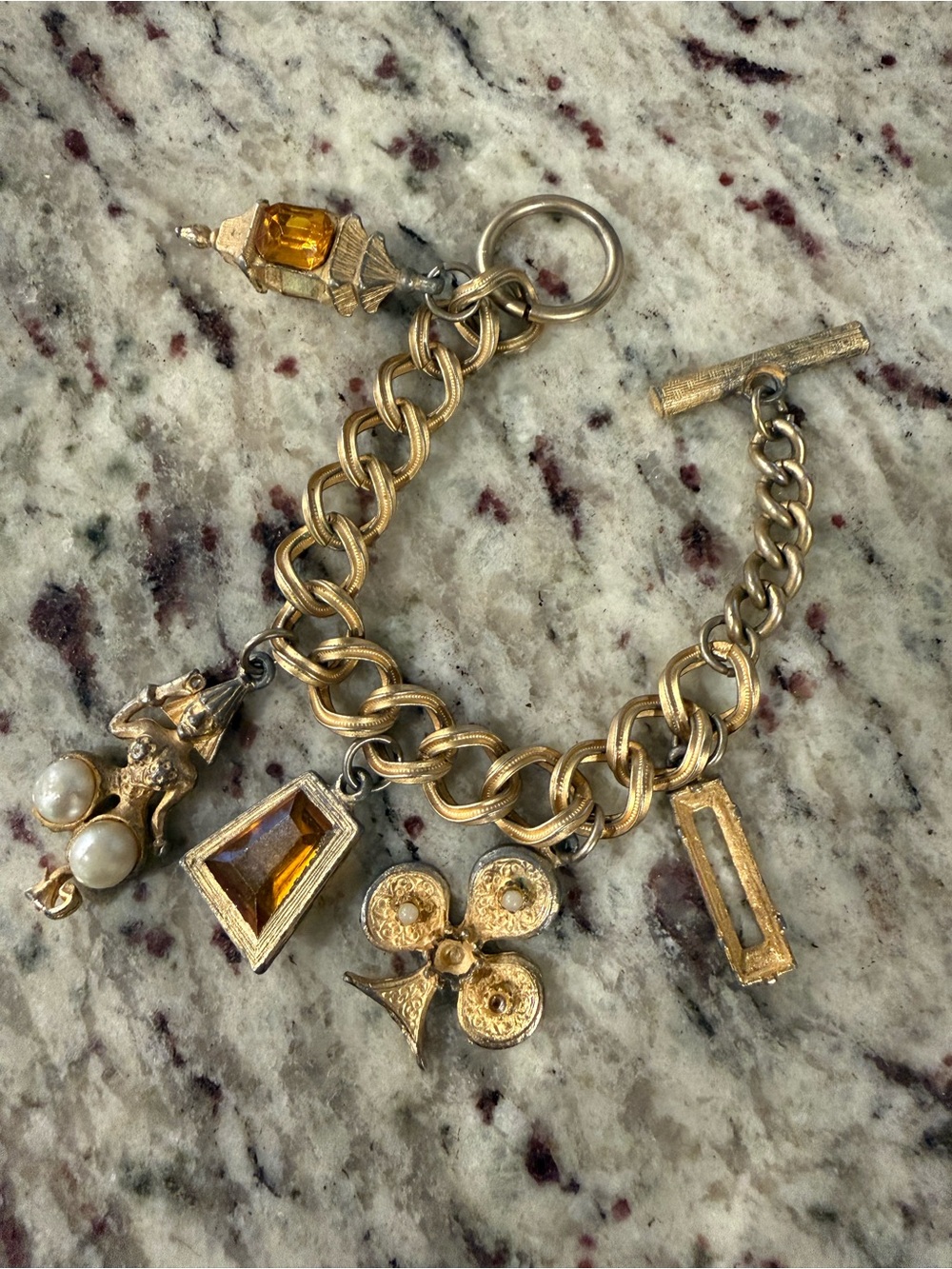 Vintage 50s large Asian inspired Chinese gold tone jeweled chunky charm bracelet